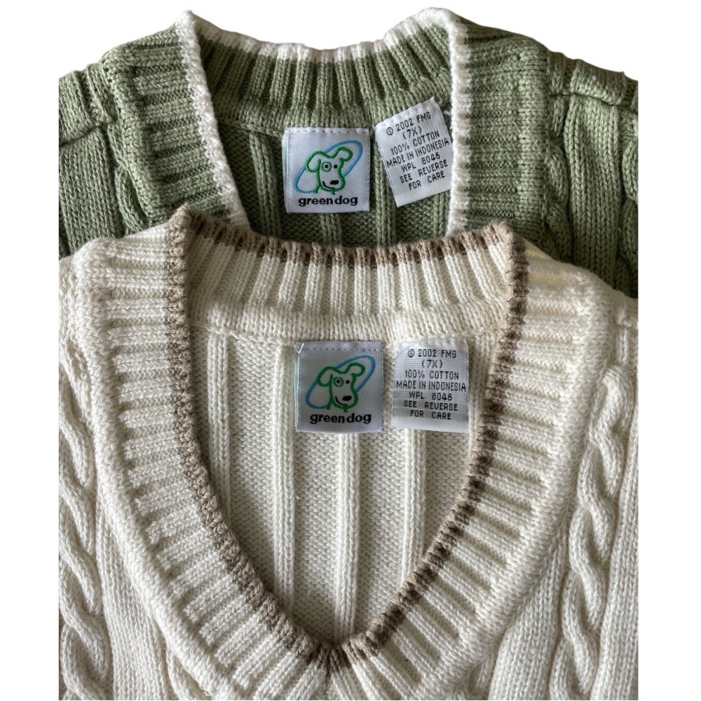 Greendog V-Neck Sweater Vests in Green and Cream Cable Knit